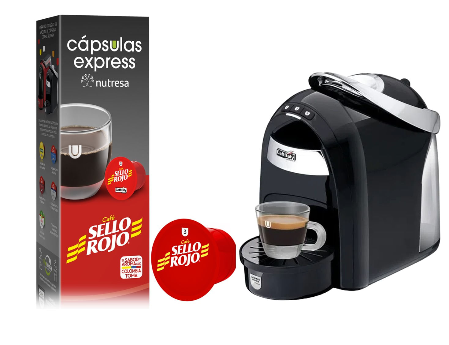 Combo maquina cafetera para capsulas express negra Eva + Capsulas café  sello rojo caja x 10 unidades